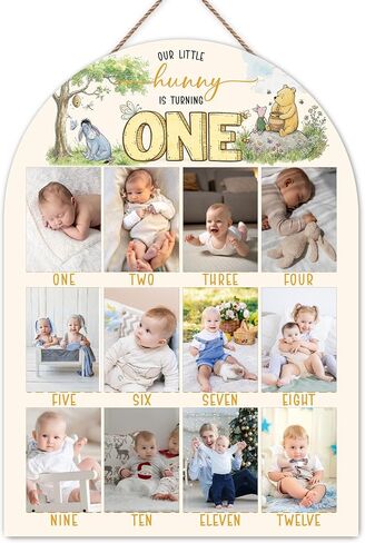 Winnie My First Year Photo Board, Our Little Hunny Is Turning One Baby Monthly Milestone Sign, Wooden Picture Board for 12 Photos, Girls Boys Baby 1st Birthday Keepsake Gifts Decorations-A03 in Kuwait