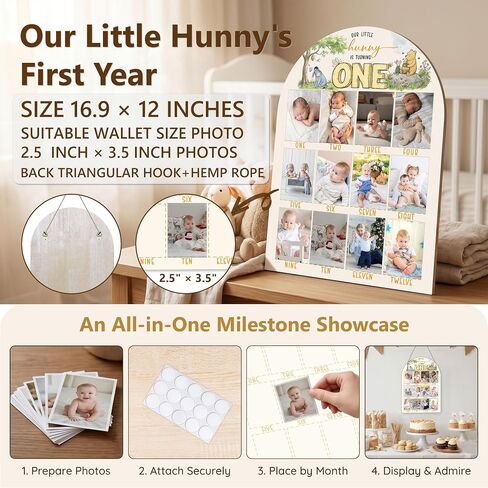 Winnie My First Year Photo Board, Our Little Hunny Is Turning One Baby Monthly Milestone Sign, Wooden Picture Board for 12 Photos, Girls Boys Baby 1st Birthday Keepsake Gifts Decorations-A03 in Kuwait