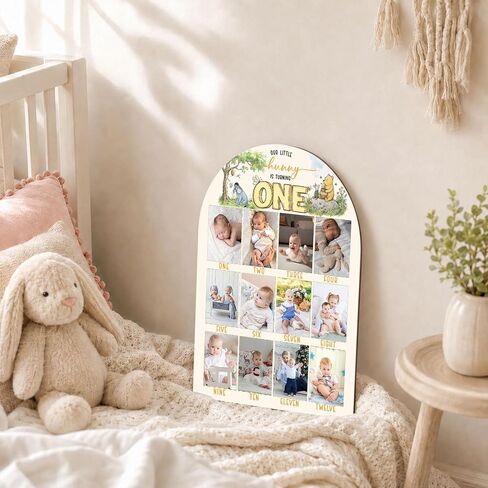 Winnie My First Year Photo Board, Our Little Hunny Is Turning One Baby Monthly Milestone Sign, Wooden Picture Board for 12 Photos, Girls Boys Baby 1st Birthday Keepsake Gifts Decorations-A03 in Kuwait