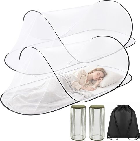 2 Pcs Black Pop Up Mosquito Net for Bed with Drawstring Bag Mosquito Head Net, 78 x 31 x 22 Inch Portable Foldable Mosquito Tent with Double Zipper, Mesh Bed Net for Camping Travel in Kuwait