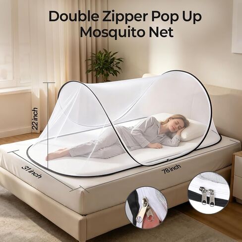 2 Pcs Black Pop Up Mosquito Net for Bed with Drawstring Bag Mosquito Head Net, 78 x 31 x 22 Inch Portable Foldable Mosquito Tent with Double Zipper, Mesh Bed Net for Camping Travel in Kuwait