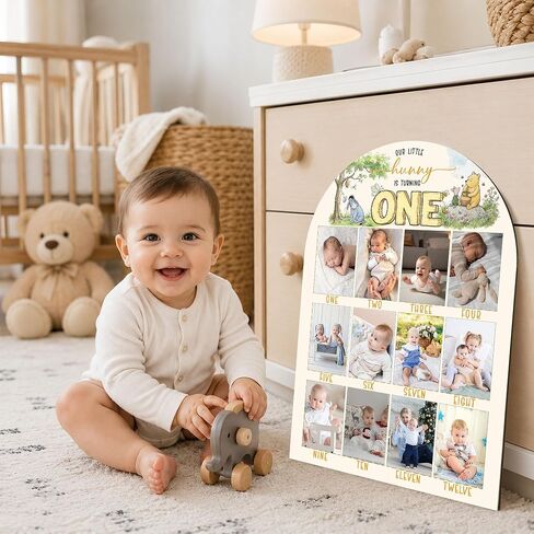 Winnie My First Year Photo Board, Our Little Hunny Is Turning One Baby Monthly Milestone Sign, Wooden Picture Board for 12 Photos, Girls Boys Baby 1st Birthday Keepsake Gifts Decorations-A03 in Kuwait