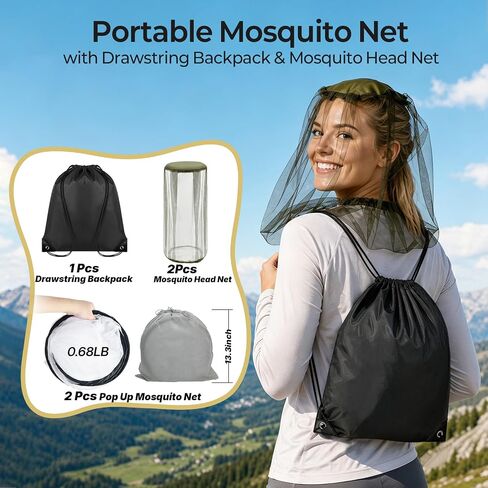 2 Pcs Black Pop Up Mosquito Net for Bed with Drawstring Bag Mosquito Head Net, 78 x 31 x 22 Inch Portable Foldable Mosquito Tent with Double Zipper, Mesh Bed Net for Camping Travel in Kuwait