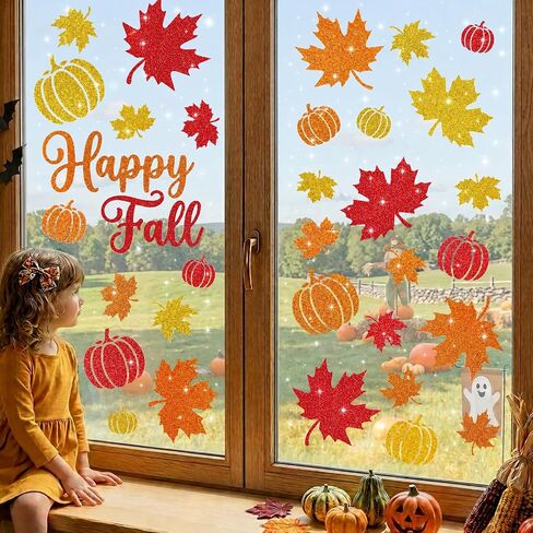 Glitter Fall Window Clings Autumn Thanksgiving Window Stickers Decals Decor | 6 Sheets Window Decals with Sparkling Powder, Happy Fall Decorations for Home Office School Classroom Kids Room Indoor Party in Kuwait