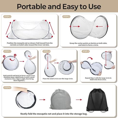 2 Pcs Black Pop Up Mosquito Net for Bed with Drawstring Bag Mosquito Head Net, 78 x 31 x 22 Inch Portable Foldable Mosquito Tent with Double Zipper, Mesh Bed Net for Camping Travel in Kuwait