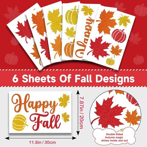 Glitter Fall Window Clings Autumn Thanksgiving Window Stickers Decals Decor | 6 Sheets Window Decals with Sparkling Powder, Happy Fall Decorations for Home Office School Classroom Kids Room Indoor Party in Kuwait
