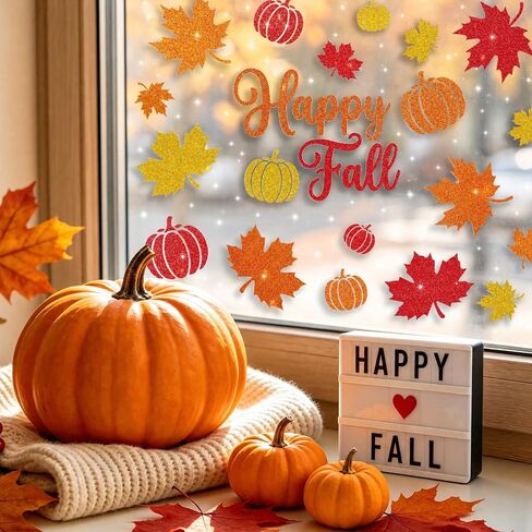 Glitter Fall Window Clings Autumn Thanksgiving Window Stickers Decals Decor | 6 Sheets Window Decals with Sparkling Powder, Happy Fall Decorations for Home Office School Classroom Kids Room Indoor Party in Kuwait