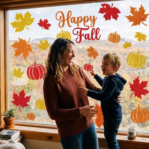 Glitter Fall Window Clings Autumn Thanksgiving Window Stickers Decals Decor | 6 Sheets Window Decals with Sparkling Powder, Happy Fall Decorations for Home Office School Classroom Kids Room Indoor Party in Kuwait