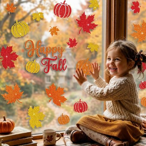 Glitter Fall Window Clings Autumn Thanksgiving Window Stickers Decals Decor | 6 Sheets Window Decals with Sparkling Powder, Happy Fall Decorations for Home Office School Classroom Kids Room Indoor Party in Kuwait