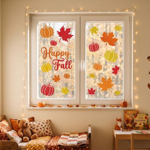 Glitter Fall Window Clings Autumn Thanksgiving Window Stickers Decals Decor | 6 Sheets Window Decals with Sparkling Powder, Happy Fall Decorations for Home Office School Classroom Kids Room Indoor Party in Kuwait