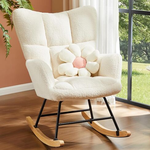 DUMOS Nursery Rocking Chair Teddy Upholstered, Comfy Glider Rocker with High Backrest Armchair Padded Seat, Accent Side Chair for Living Room Bedroom Offices Small Spaces Indoor, Pink in Saudi Arabia