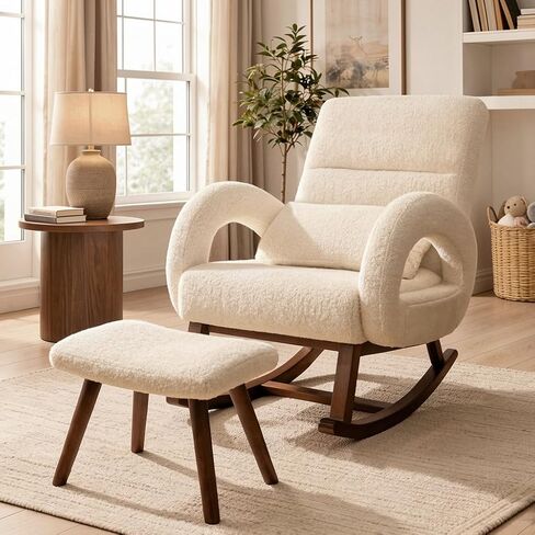 COMHOMA Rocking Chair Nursery with Ottoman, Upholstered Glider Rocker | Boucle Teddy Fabric with High Backrest and lumbar Pillow. Modern Accent Armchair Features Solid Wood Legs in Kuwait