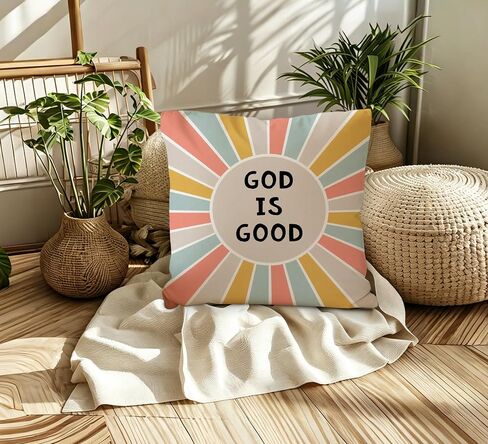 God is Good Christian Boho Sunshine Nursery Pillow Cover 18x18 Decor | Bible Verse Religious Colorful Abstract Boho Throw Pillow Covers Pillowcases for Kids Room Bedroom Home Living Room Decor in Kuwait