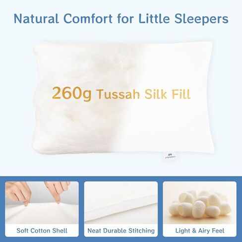 Toddler Pillow 13 x 18 in, Tussah Silk Fill, Cotton Shell, Age 2+ | Soft Breathable Comfort, Lightweight 250 g Design, Storage Bag Included, Convenient for Naps, Daycare and Travel in Saudi Arabia