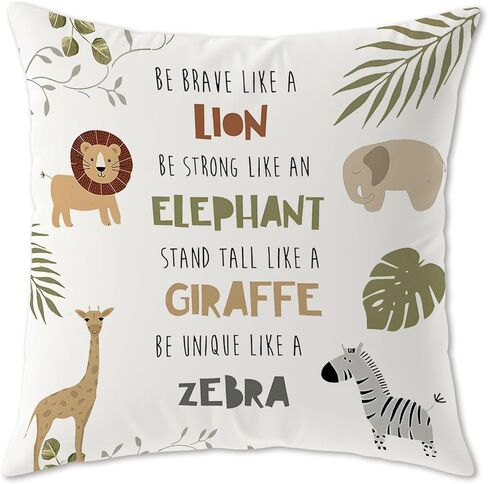 Inspirational Wild Animal Pillow Cover 18x18, Jungle Nursery Decor, Lion Zebra Giraffe Elephant Botanical Decorative Throw Pillow Cover for Kids Toddler Room Bedroom Playroom in Kuwait