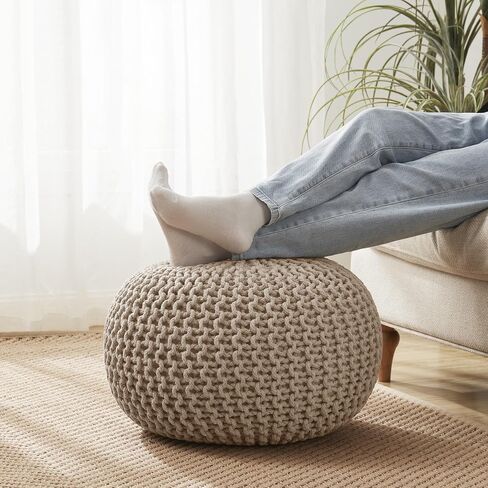 Pouf Ottoman Foot Rest Stuffed – 20" Diameter x 14" Tall Cozy Floor Pouf for Living Room, Bedroom, Nursery & More – 100% Cotton Knit Shell, EPS Bead Filled Footrest & Accent Chair, Taupe in Kuwait
