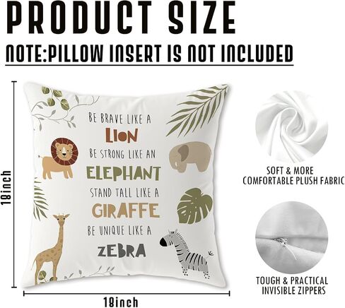 Inspirational Wild Animal Pillow Cover 18x18, Jungle Nursery Decor, Lion Zebra Giraffe Elephant Botanical Decorative Throw Pillow Cover for Kids Toddler Room Bedroom Playroom in Kuwait