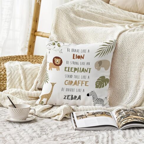Inspirational Wild Animal Pillow Cover 18x18, Jungle Nursery Decor, Lion Zebra Giraffe Elephant Botanical Decorative Throw Pillow Cover for Kids Toddler Room Bedroom Playroom in Kuwait