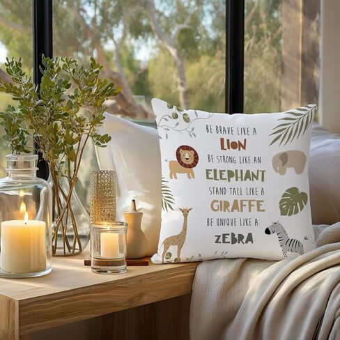 Inspirational Wild Animal Pillow Cover 18x18, Jungle Nursery Decor, Lion Zebra Giraffe Elephant Botanical Decorative Throw Pillow Cover for Kids Toddler Room Bedroom Playroom in Kuwait