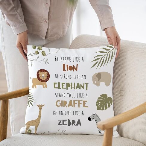 Inspirational Wild Animal Pillow Cover 18x18, Jungle Nursery Decor, Lion Zebra Giraffe Elephant Botanical Decorative Throw Pillow Cover for Kids Toddler Room Bedroom Playroom in Kuwait
