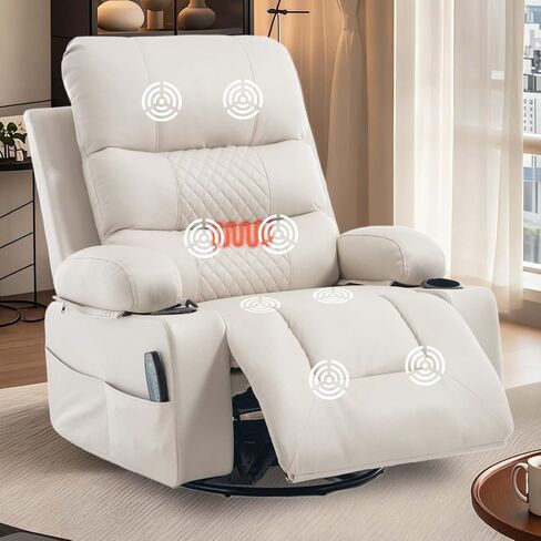 KCQ Power Swivel Rocker Recliner with Massage and Heat USB Port, Overstuffed Faux Leather Electric Rocking Recliner Chair Swivel Glider Chairs for Nursery, Cream Beige in Kuwait