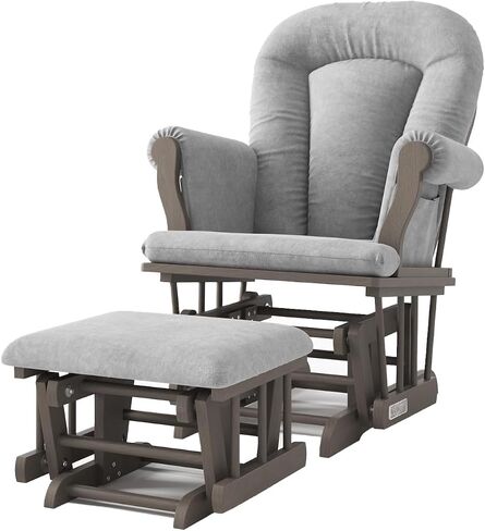 Child Craft Cozy Glider Rocker and Ottoman Set, Smooth Quiet Gliding Motion, Padded Cushion with Convenient Storage Pockets, Solid Wood Base & Frame (Dapper Gray with Light Gray Cushion) in Kuwait