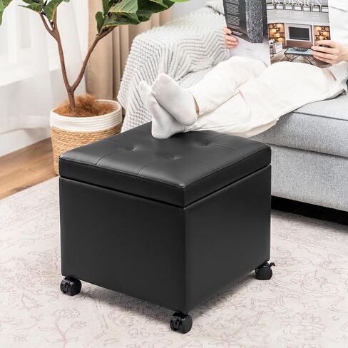 Adeco Bonded Leather Square Tufted Cubic Cube Storage Footstool, 18" Inch Ottomans & Storage Ottomans, With Lid, Dim Gray in Kuwait