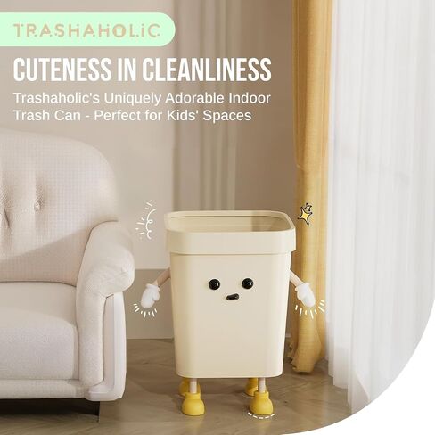 4.2-Gallon Cute Kids Trash Can - Durable Waste Basket Perfect for Kids Rooms, Classrooms, Pediatric Clinics - Beige Square-Shaped Trash Bin w/Arms & Legs - Comes with Removable Trash Bag Holder in Kuwait