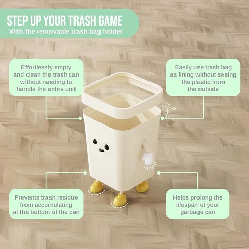 4.2-Gallon Cute Kids Trash Can - Durable Waste Basket Perfect for Kids Rooms, Classrooms, Pediatric Clinics - Beige Square-Shaped Trash Bin w/Arms & Legs - Comes with Removable Trash Bag Holder in Kuwait