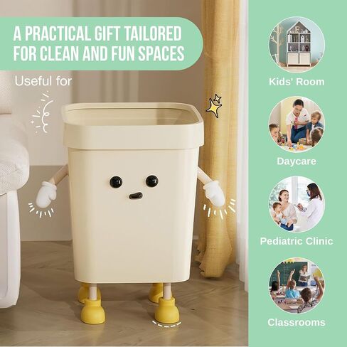 4.2-Gallon Cute Kids Trash Can - Durable Waste Basket Perfect for Kids Rooms, Classrooms, Pediatric Clinics - Beige Square-Shaped Trash Bin w/Arms & Legs - Comes with Removable Trash Bag Holder in Kuwait