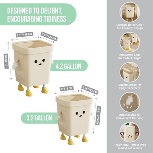 3.2-Gallon Cute Kids Trash Can - Durable Waste Basket Perfect for Kids Rooms, Classrooms, Pediatric Clinics - Beige Square-Shaped Trash Bin w/Arms & Legs - Comes with Removable Trash Bag Holder in Kuwait