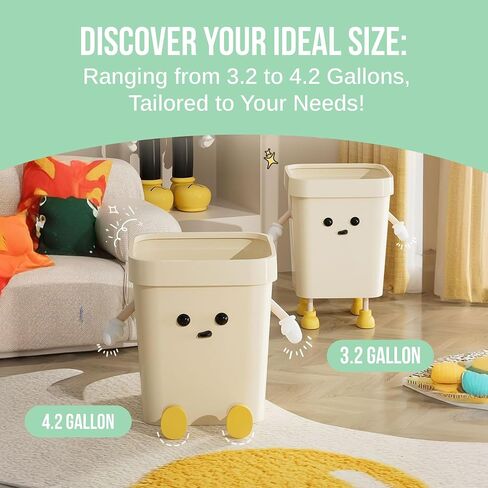3.2-Gallon Cute Kids Trash Can - Durable Waste Basket Perfect for Kids Rooms, Classrooms, Pediatric Clinics - Beige Square-Shaped Trash Bin w/Arms & Legs - Comes with Removable Trash Bag Holder in Kuwait