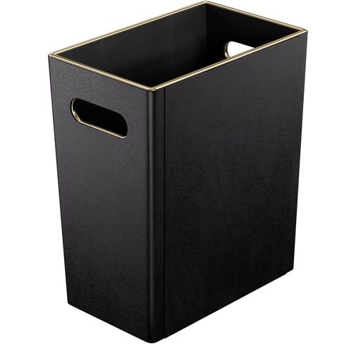 LADSTAG Black 3 Gallon Waste Basket 4 Gallon Trash Can, Office Wastebasket with Gold-Tone Edging Decoration for Bathroom,Pu Leather Waste Bins for Toilet Bedroom Living Room, Office Home Modern Decor in Kuwait