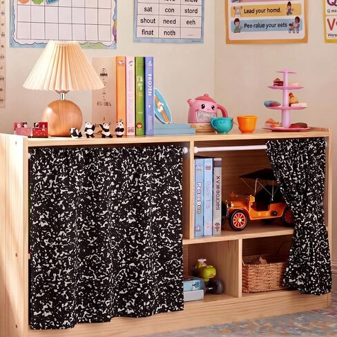 Remagr 4 Sets Classroom Cabinet Curtains for Shelves 27.5" x 27.5" Composition Notebook Cabinet Curtains with Telescopic Pole Hook for Bookshelf Kindergarten Daycare Primary School Classroom in Kuwait