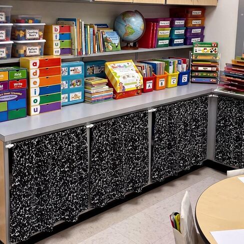 Remagr 4 Sets Classroom Cabinet Curtains for Shelves 27.5" x 27.5" Composition Notebook Cabinet Curtains with Telescopic Pole Hook for Bookshelf Kindergarten Daycare Primary School Classroom in Kuwait