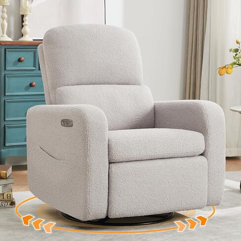 Power Swivel Rocker Recliner, Oversized Boucle Nursery Glider Recliner, Teddy Swivel Rocking Reclining Chair with Removable Cushion and Lumbar Support for Nursery Living Room Bedroom, White in Kuwait