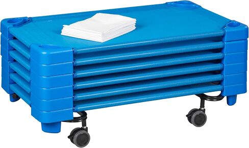 ECR4Kids Stackable Kiddie Cots and Sheets with Universal Cot Trolley, Toddler Size, Ready-to-Assemble, Daycare Essentials, Blue, 6-Pack in Kuwait