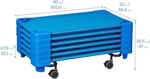 ECR4Kids Stackable Kiddie Cots and Sheets with Universal Cot Trolley, Toddler Size, Ready-to-Assemble, Daycare Essentials, Blue, 6-Pack in Kuwait