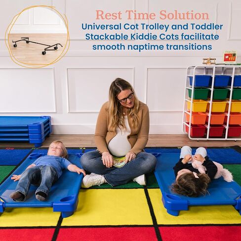 ECR4Kids Stackable Kiddie Cots and Sheets with Universal Cot Trolley, Toddler Size, Ready-to-Assemble, Daycare Essentials, Blue, 6-Pack in Kuwait
