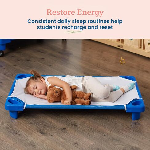 ECR4Kids Stackable Kiddie Cots and Sheets with Universal Cot Trolley, Toddler Size, Ready-to-Assemble, Daycare Essentials, Blue, 6-Pack in Kuwait