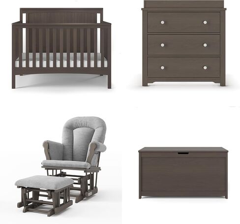 Child Craft Scout 4-in-1 Convertible Baby Crib Nursery Furniture Set - Baby Bed, Dresser with Changing Table Topper, Glider Chair, and Toy Box for Babies, Toddlers and Kids (4 Piece - Dapper Gray) in Kuwait