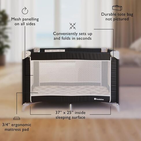 Foundations Sleep 'N Store Baby Play Yard 3 Pack for Hotels, Easy to Store, Foldable Travel Play Pen, Includes Storage Bag & Foam Mattress, Graphite in Kuwait