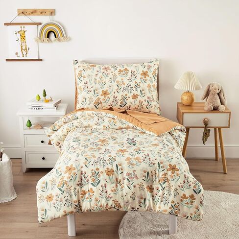 Wake In Cloud - Floral Toddler Bedding Set for Girls, Cute Colorful Botanical Flowers, 4 Pieces Soft Crib Bed Set Including Comforter, Sheets and Pillowcase, Orange Cream in Kuwait
