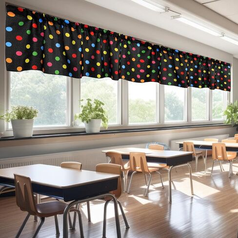 Wiooffen 4PCS School Classroom Curtains Back to School Valance Curtains 18 x 54In Colorful Polka Dot Window Treatment Rod Pocket Curtain for Kindergarten Daycare Primary Bedroom Decor(Black) in Kuwait