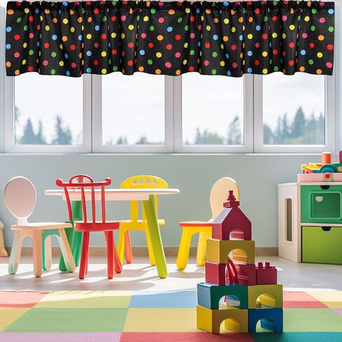 Wiooffen 4PCS School Classroom Curtains Back to School Valance Curtains 18 x 54In Colorful Polka Dot Window Treatment Rod Pocket Curtain for Kindergarten Daycare Primary Bedroom Decor(Black) in Kuwait