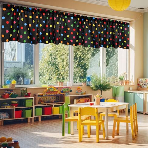 Wiooffen 4PCS School Classroom Curtains Back to School Valance Curtains 18 x 54In Colorful Polka Dot Window Treatment Rod Pocket Curtain for Kindergarten Daycare Primary Bedroom Decor(Black) in Kuwait