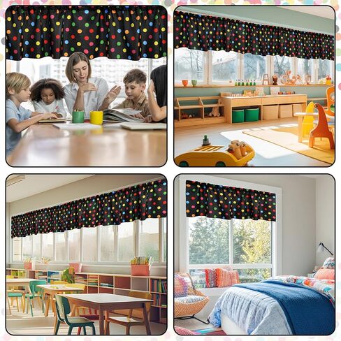 Wiooffen 4PCS School Classroom Curtains Back to School Valance Curtains 18 x 54In Colorful Polka Dot Window Treatment Rod Pocket Curtain for Kindergarten Daycare Primary Bedroom Decor(Black) in Kuwait