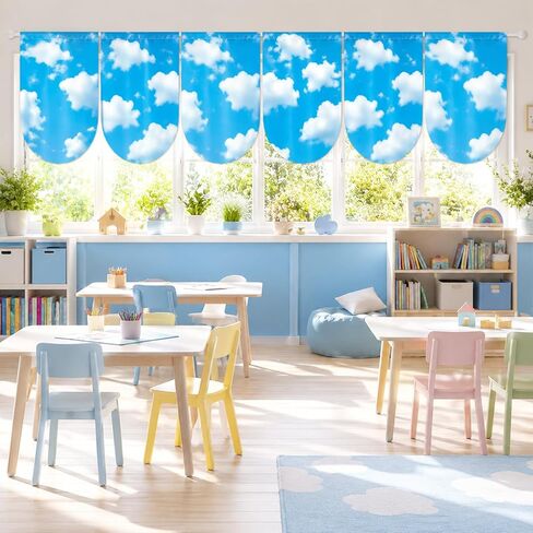 6 Pcs Cloud Curtains Back to School Window Drapes Blue Sky White Clouds Classroom Valances for Kid First Day of School Classroom Kindergarten Playroom Daycare Bedroom Window Decor Supplies 36" X 24" in Kuwait