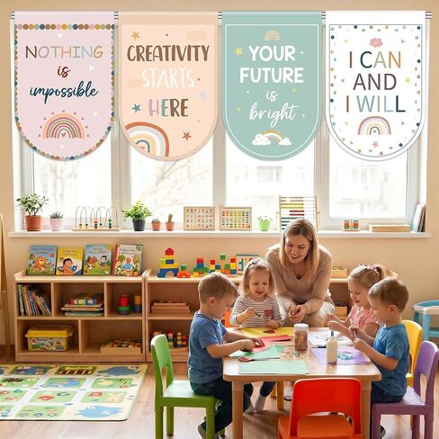8 Pcs Boho Rainbow Curtains Back to School Window Drapes Positive Inspirational Classroom Valances for Kid First Day of School Classroom Kindergarten Playroom Daycare Bedroom Window Decor 36" X 24" in Kuwait