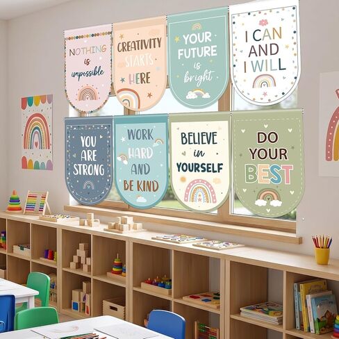 8 Pcs Boho Rainbow Curtains Back to School Window Drapes Positive Inspirational Classroom Valances for Kid First Day of School Classroom Kindergarten Playroom Daycare Bedroom Window Decor 36" X 24" in Kuwait